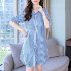 Long-sleeve Striped Mini A-line Shirt Dress