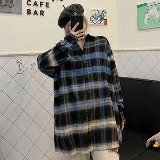 Long Sleeve Color Block Plaid Fleeced Shirt