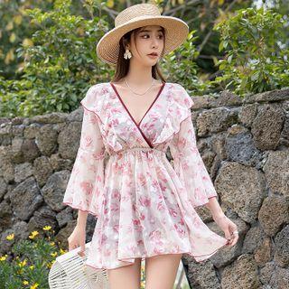 Set: Ruffle Tri Bikini + Floral Print Cover-up