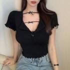 Short-sleeve Lettuce Edge Crop T-shirt / Bow Camisole Top