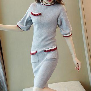 Set: Puff-sleeve Sweater + Dual Pocket Knit Skirt