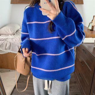 Striped Long-sleeve Medium Long Knitted Sweater Blue - One Size