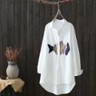 Fish Embroidered Long Shirt White - One Size