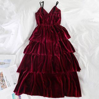 Spaghetti-strap Midi Tiered Velvet Dress