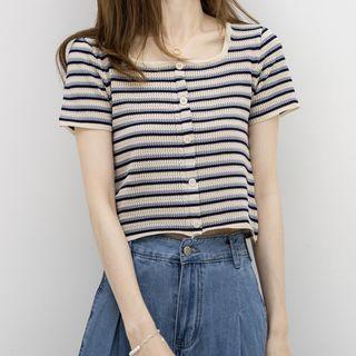 Short-sleeve Striped Knit Crop Top Stripes - Black & Blue & Almond - One Size