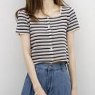 Short-sleeve Striped Knit Crop Top Stripes - Black & Blue & Almond - One Size