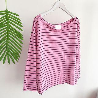 Color-block Striped Boatneck Loose-fit Long-sleeve T-shirt