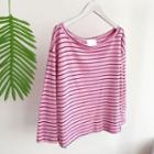 Color-block Striped Boatneck Loose-fit Long-sleeve T-shirt
