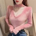 Choker V-neck Long-sleeve Velvet Top