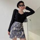 Long-sleeve Sheer Top / Print A-line Mini Skirt