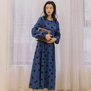 Dotted Long-sleeve Maxi A-line Dress