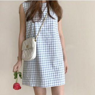 Plaid Sleeveless A-line Dress Blue - One Size