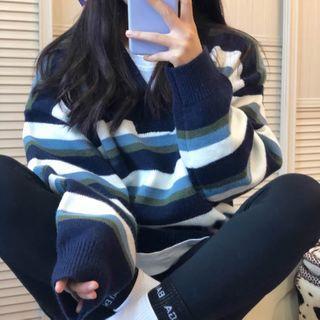 Striped V-neck Sweater Stripes - Blue & White - One Size