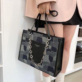 Denim Panel Chained Tote Bag