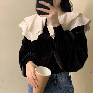 Long-sleeve Layered Collar Velvet Top White & Black - One Size