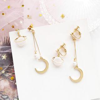 Asymmetric Moon & Planet Dangle Earring / Clip-on Earring
