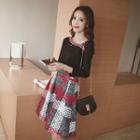 Set: V-neck Long-sleeve Top + Patterned Skirt