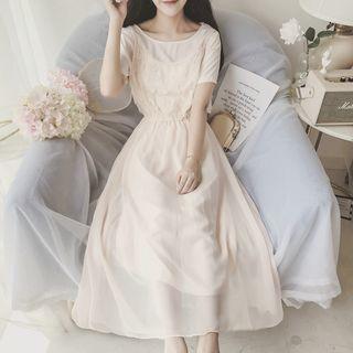 Mock Two-piece Short-sleeve A-line Midi Chiffon Dress