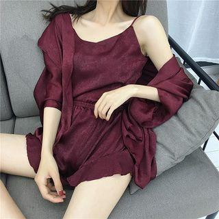 Set: Plain Strap Top + High-waist Shorts + Long-sleeve Light Jacket