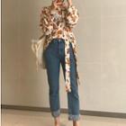 Long-sleeve Floral-print Tie-neck Shirt