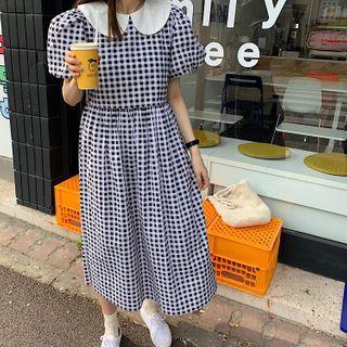 Short-sleeve Plaid Midi Dress Plaid - Black & White - One Size