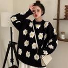 Long-sleeve Flower Applique Sweater Black - One Size