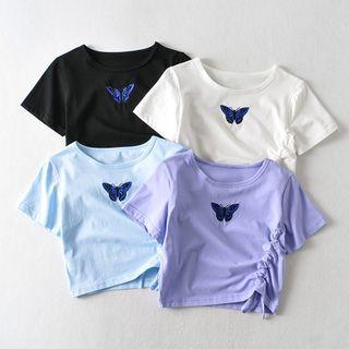 Butterfly Embroidered Drawstring Short-sleeve T-shirt
