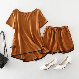 Set: Short-sleeve Ruffle-trim Top + Contrast- Trim Shorts