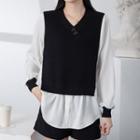 V-neck Mock Two-piece Knit Panel Blouse