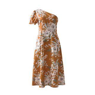 Short-sleeve Floral Print One-shoulder Midi Dress
