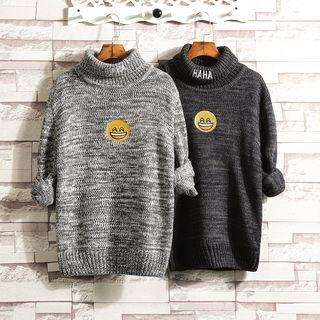 Smile Face Embroidered Turtleneck Sweater