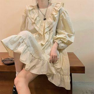 Puff-sleeve Ruffled Trim Plain Dress Almond - One Size