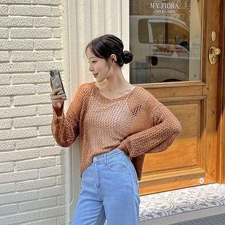 Drop-shoulder Open-knit Crop Top