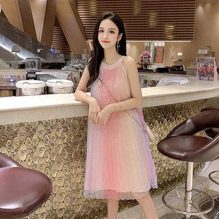 Sequined Ruched Spaghetti Strap Dress / Sequined Overlay Sleeveless Dress