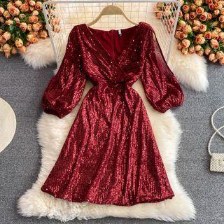 Puff Sleeve V-neck Sequined Dress