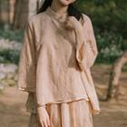 Set: 3/4-sleeve Cheongsam Top + Floral Midi A-line Skirt
