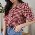 Puff-sleeve Frilled Gingham Blouse
