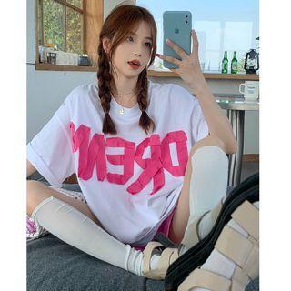 Short-sleeve Applique Lettering T-shirt White - One Size