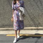 V-neck Elbow-sleeve Floral Midi Shirtdress