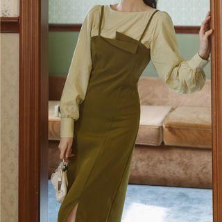 Set: Puff-sleeve Blouse + Asymmetrical Overall Dress