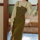 Set: Puff-sleeve Blouse + Asymmetrical Overall Dress