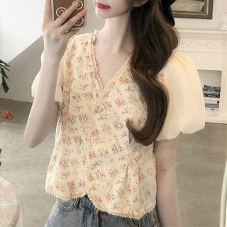 Puff-sleeve Paneled Floral Print Blouse
