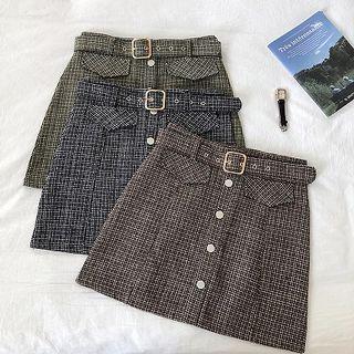 Mock Pocket Plaid High-waist A-line Skirt With Belt