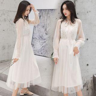 Tie-neck Long-sleeve Midi Mesh Dress