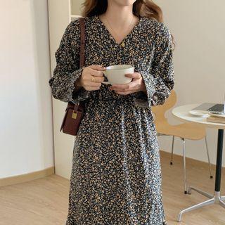 Long-sleeve Floral A-line Dress Floral - Grayish Blue & Off-white - One Size