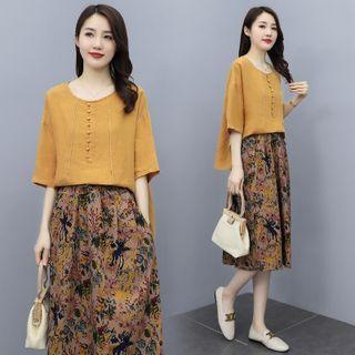 Set: Elbow-sleeve Blouse + Flower Print Midi A-line Skirt