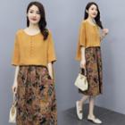 Set: Elbow-sleeve Blouse + Flower Print Midi A-line Skirt