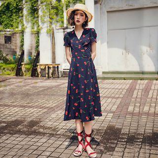 V-neck Cherry Print Short-sleeve A-line Dress