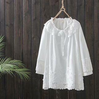 Crochet Lace Ruffle Collar Bow Blouse