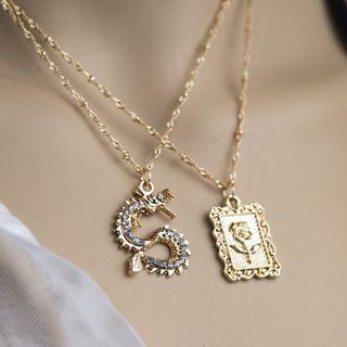 Set Of 2: Rose Necklace + Dragon Necklace Set Of 2 - Gold - One Size